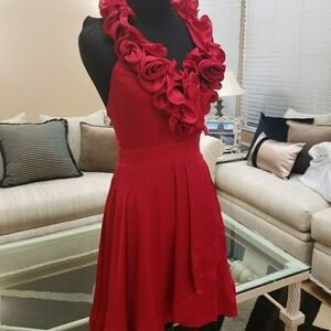 BEBE Red Rosette Ruffle SILK Dress – Size Small  Halter Dress